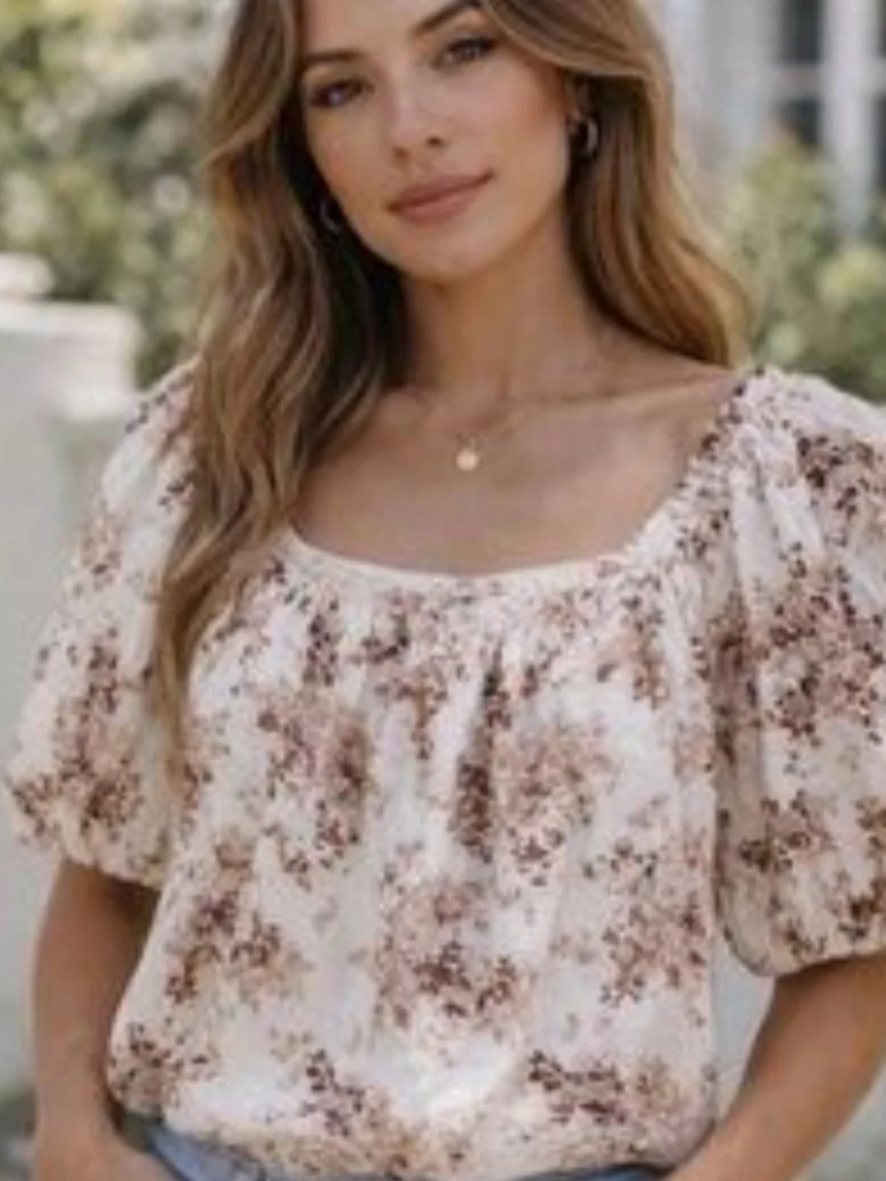 Abercrombie & Fitch Brown Floral Square Neck Puff Sleeve Top Sz S Boho